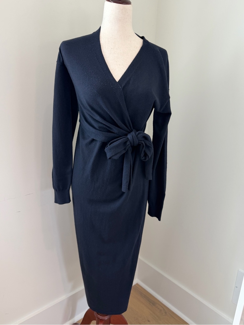 Modern Citizen Navy Knit Wrap Midi Dress with Self-Tie Waist